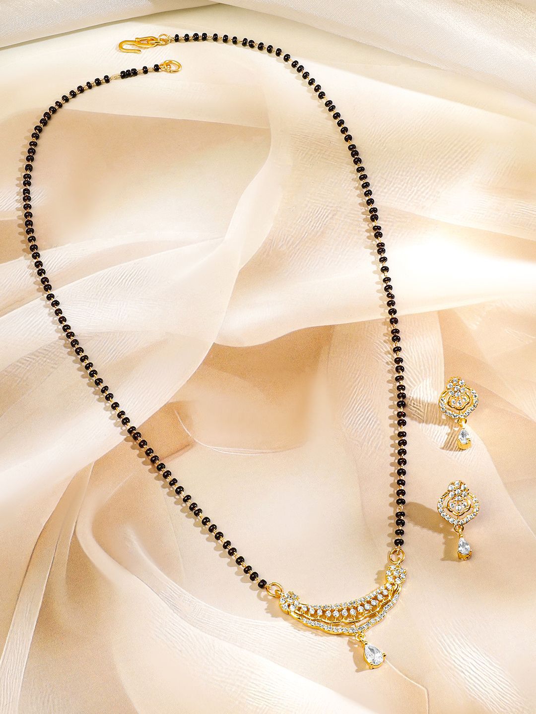 Dhiyona RJ Women's 18K Gold-Plated Cubic Zirconia Studded Curved Bar with Black Beads Mangalsutra Set
