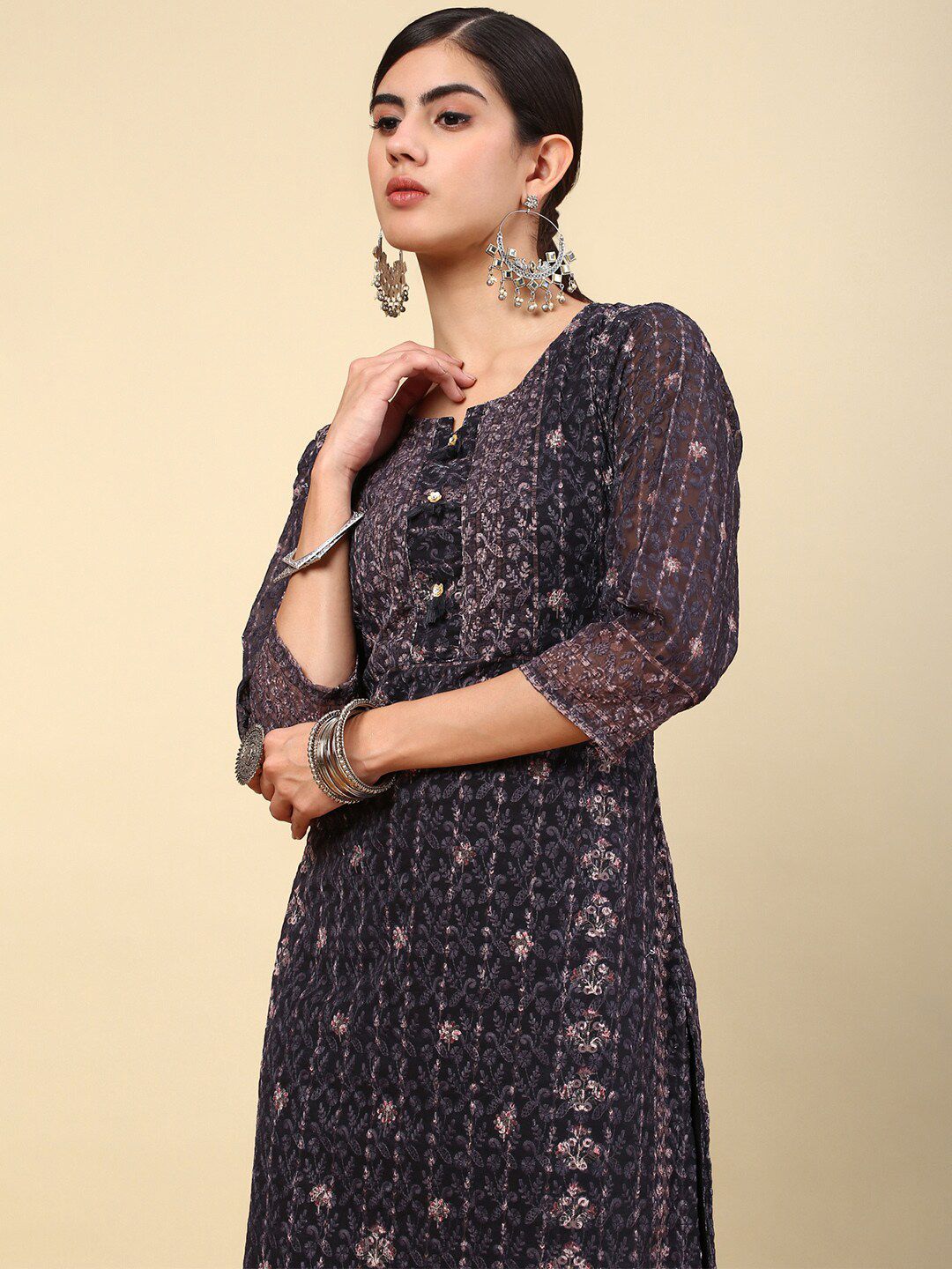 Dhiyona SO Women's Black Ethnic Motifs Printed Thread Work Kurta with Trousers
