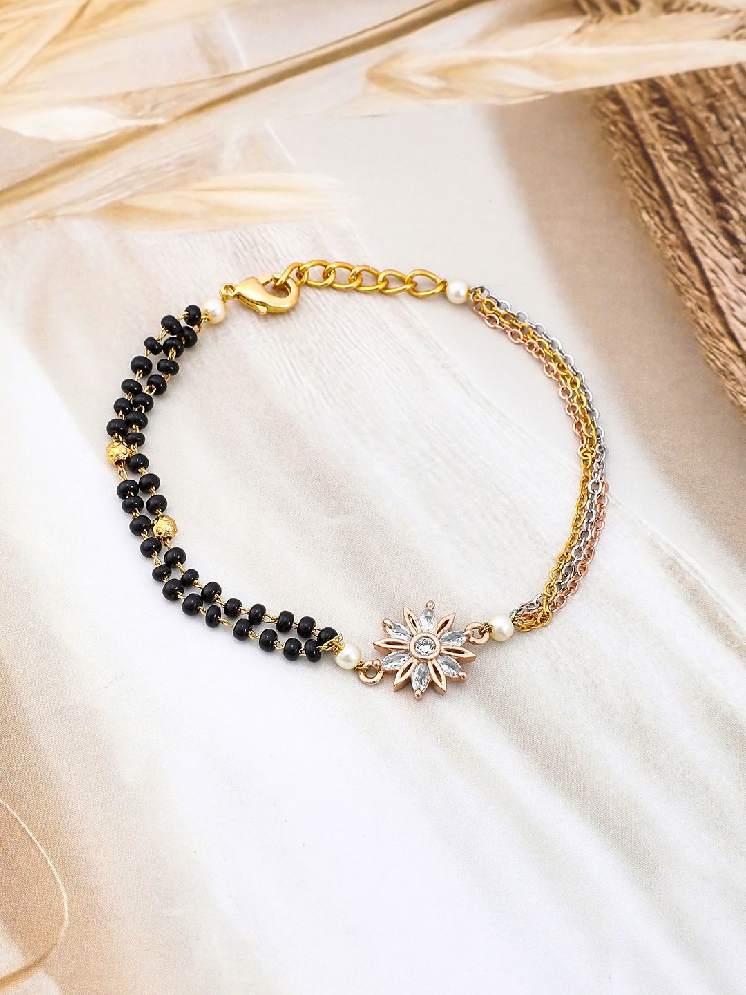 Dhiyona RJ Women's Triple Tone-Plated Mangalsutra Bracelet with Floral Cubic Zirconia Charm