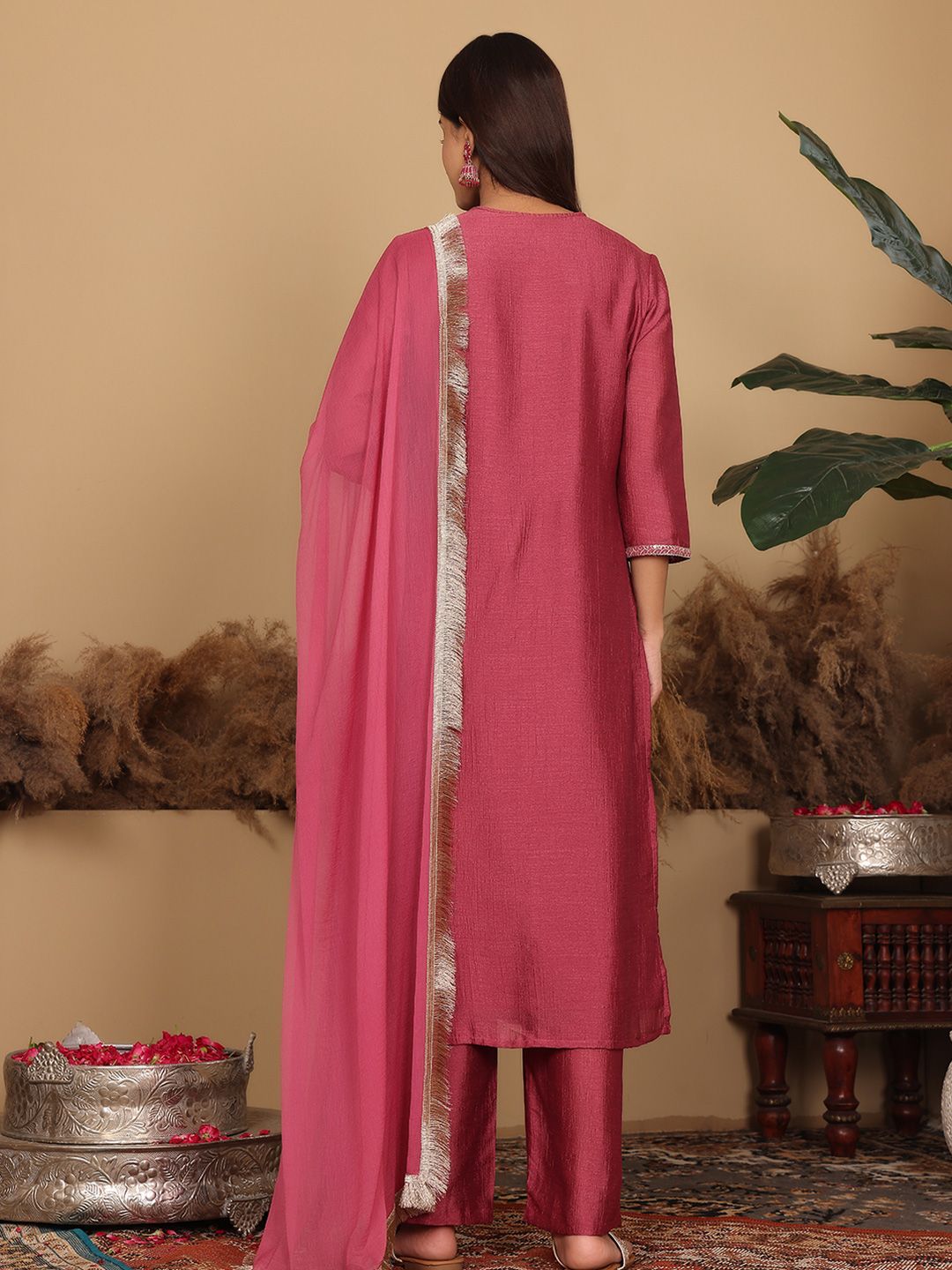 Dhiyona VA Women's Floral Embroidered Regular Pure Silk Kurta with Trousers & Fringed Dupatta