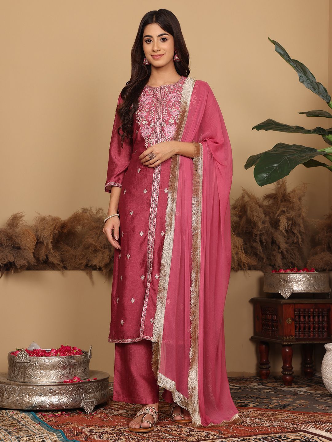 Dhiyona VA Women's Floral Embroidered Regular Pure Silk Kurta with Trousers & Fringed Dupatta