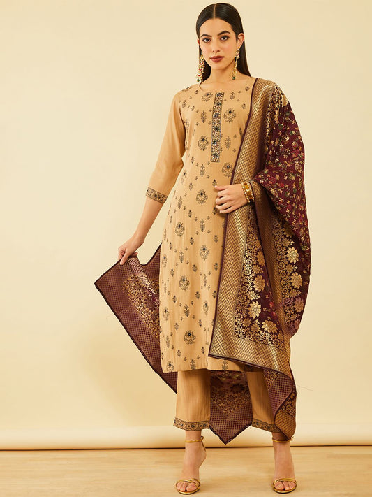 Dhiyona SO Women's Brown Floral Printed Regular Zardozi Straight Kurta With Trousers & Dupatta