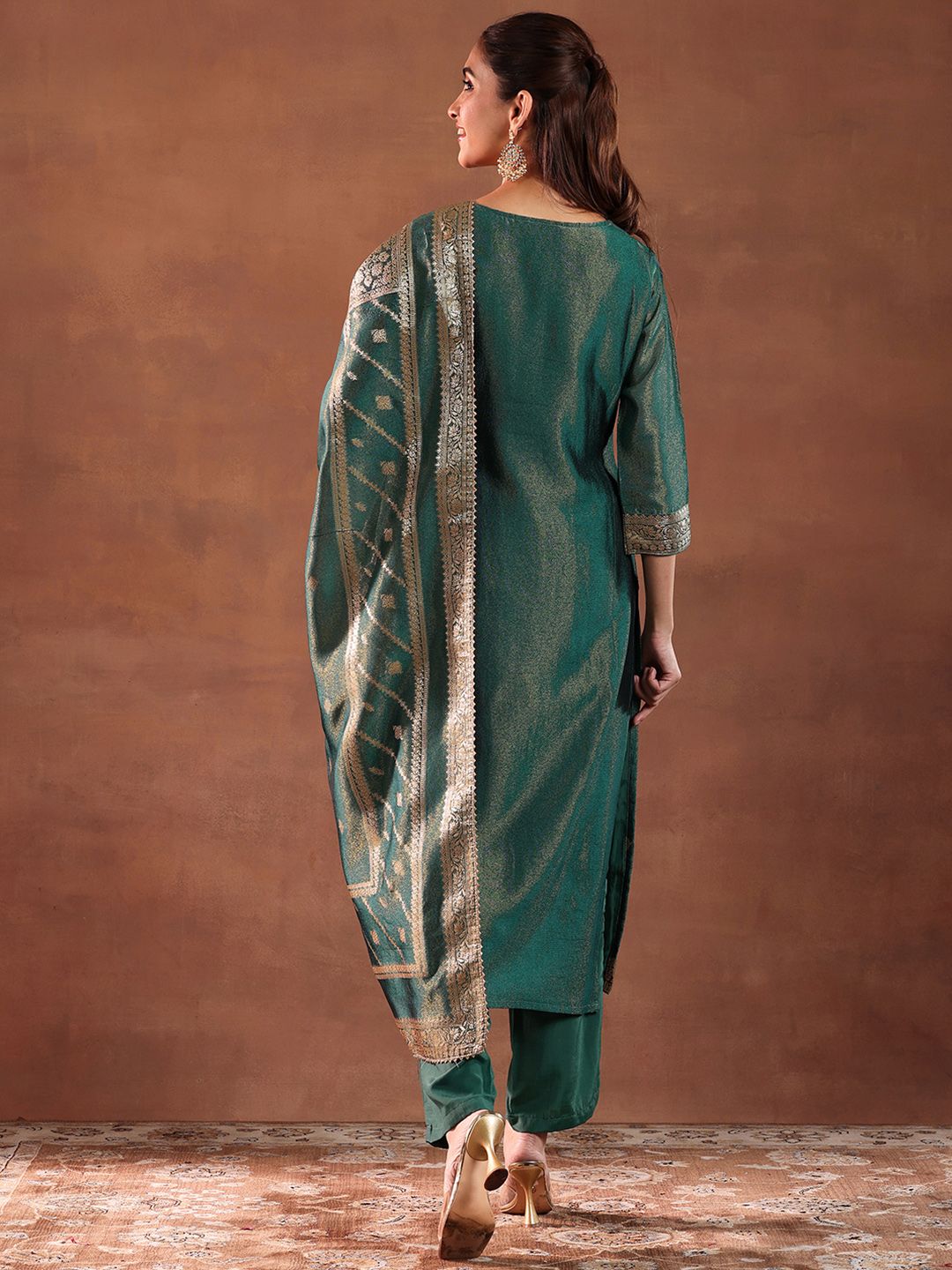 Dhiyona LB Women's Green and Gold Ethnic Motifs Woven Design Straight Kurta with Trouser & Dupatta