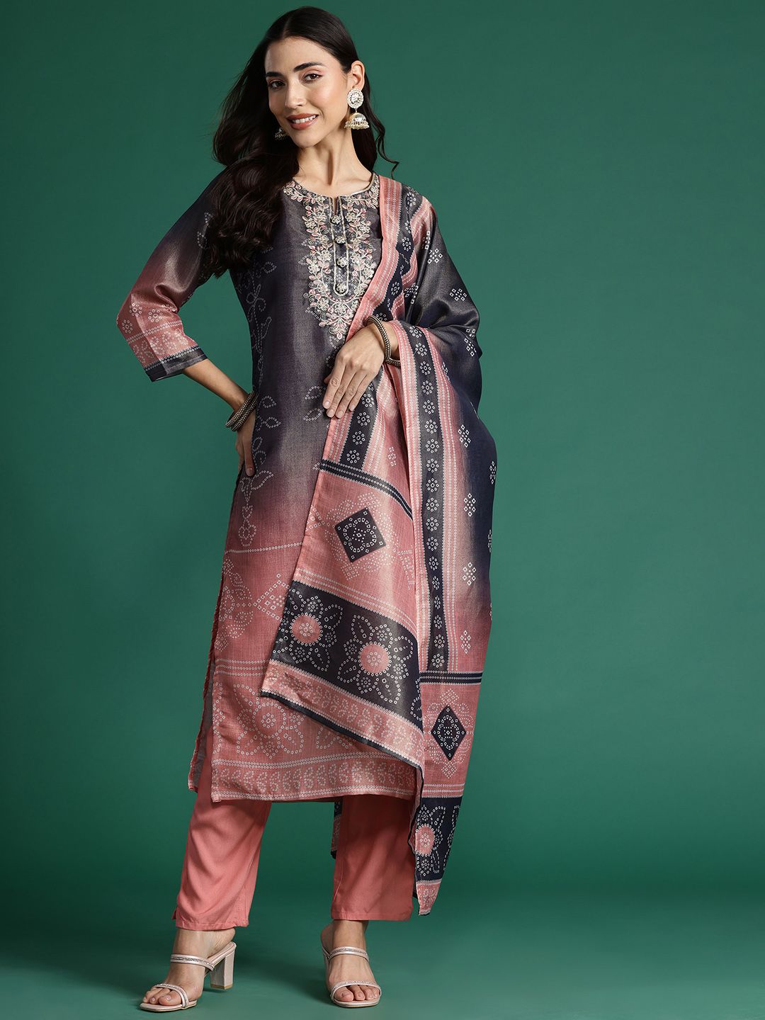 Dhiyona IE Bandhani Printed Thread Work Kurta with Trousers & With Dupatta