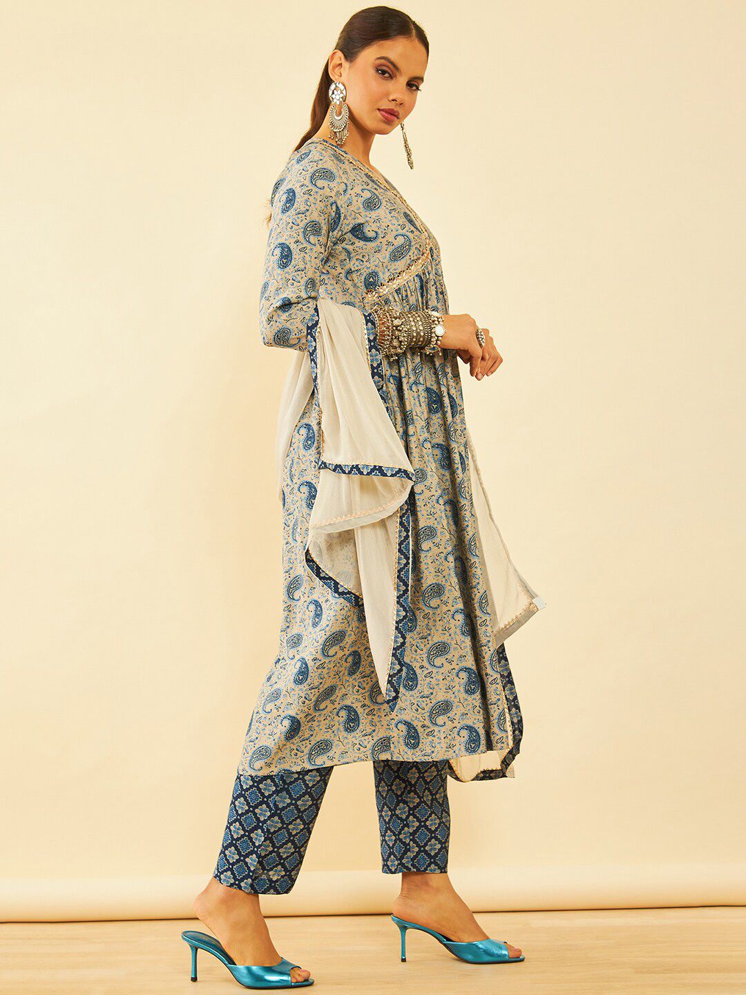 Dhiyona SO Women's Blue Paisley Printed Sequinned A-Line Kurta with Trousers & Dupatta