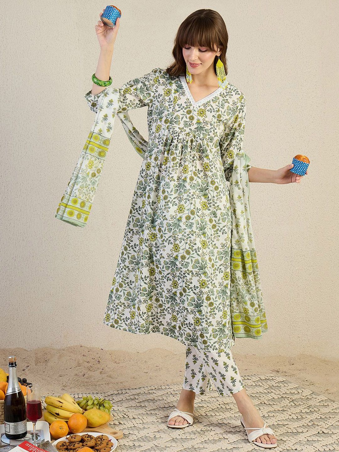Dhiyona IE Floral Printed V-Neck Pleated Pure Cotton A-Line Kurta & Trousers With Dupatta