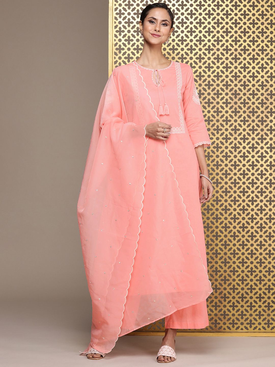 Dhiyona PD Women Jashn Pure Cotton Ethnic Motifs Embroidered Kurta with Palazzos & Dupatta