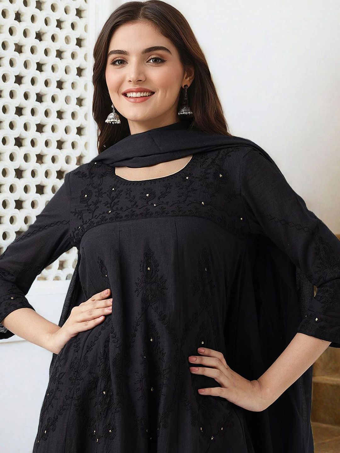 Dhiyona IS Women's Ethnic Motifs Embroidered Pure Cotton A-Line Kurta With Palazzo & Dupatta