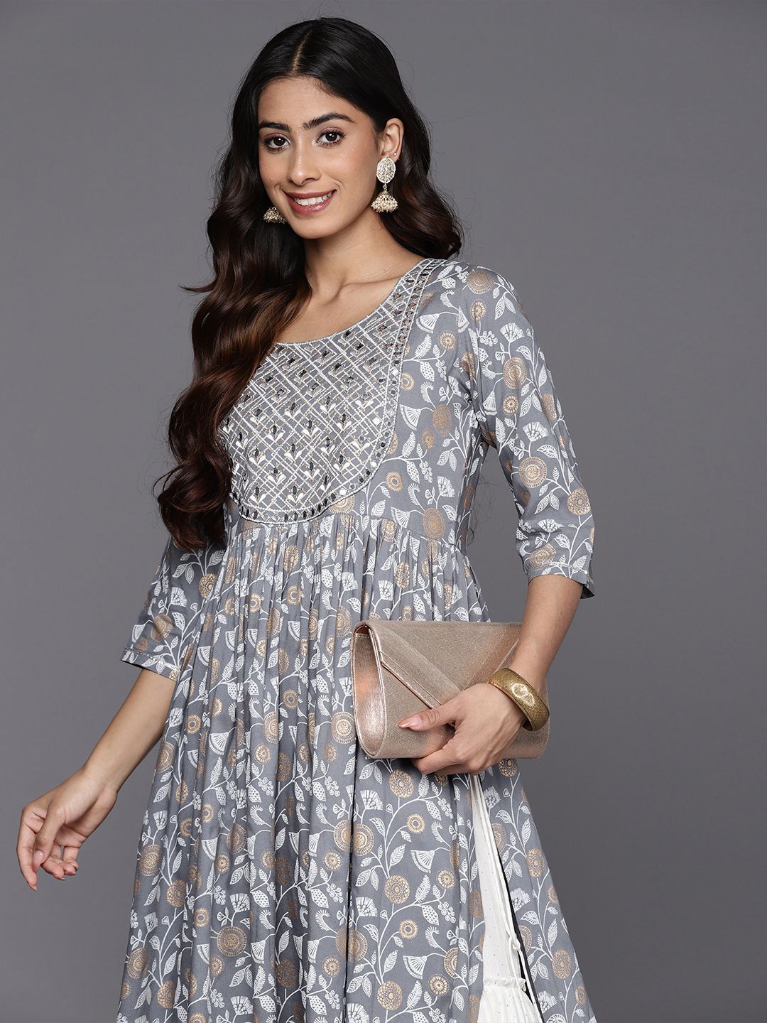 Dhiyona LB Women's Floral Yoke Design Mirror Work Kurta
