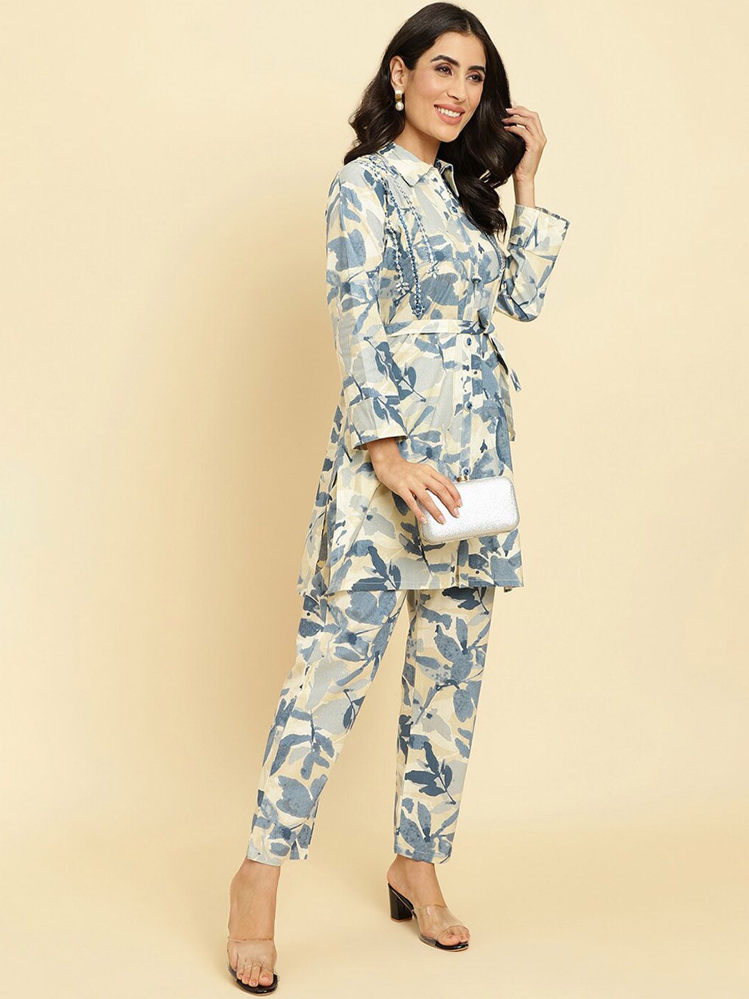 Dhiyona VA Women'sFloral Printed Shirt Collar Kurta With Trousers