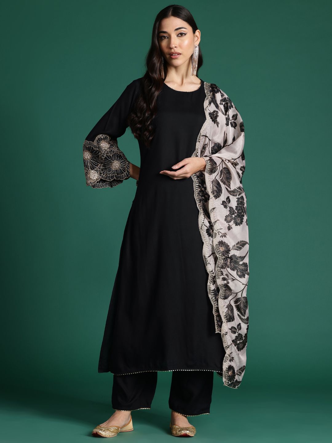 Floral Embroidered Kurta with Trousers & With Dupatta