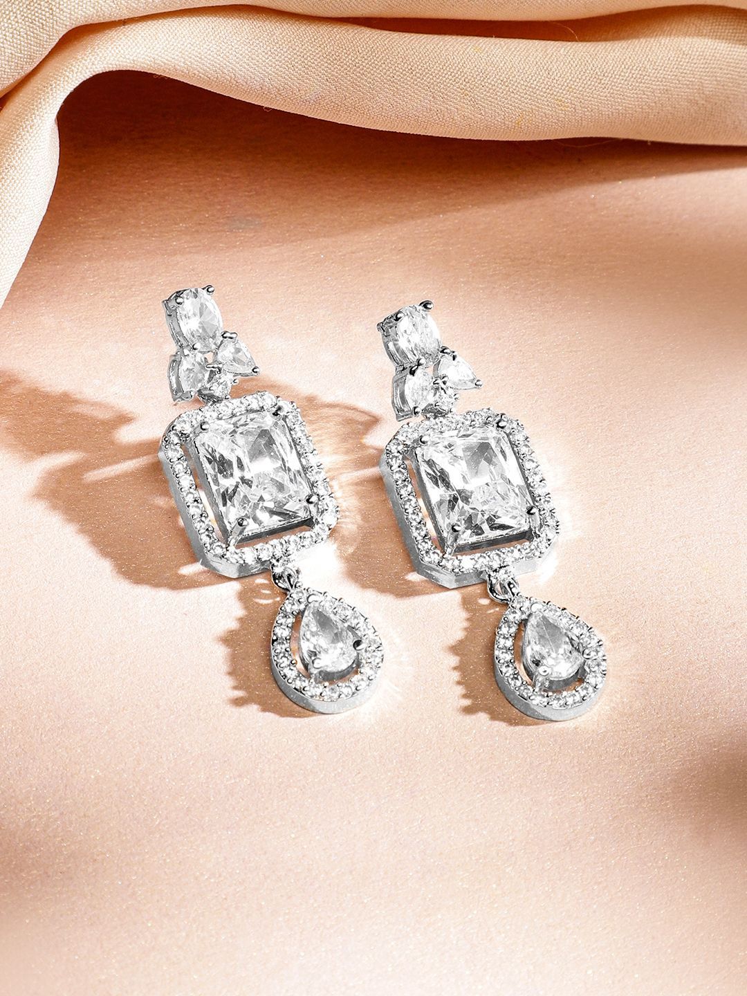 Dhiyona RJ Women's Rhodium-Plated White Cubic Zirconia Studded Luxe Double-Layer Necklace Set