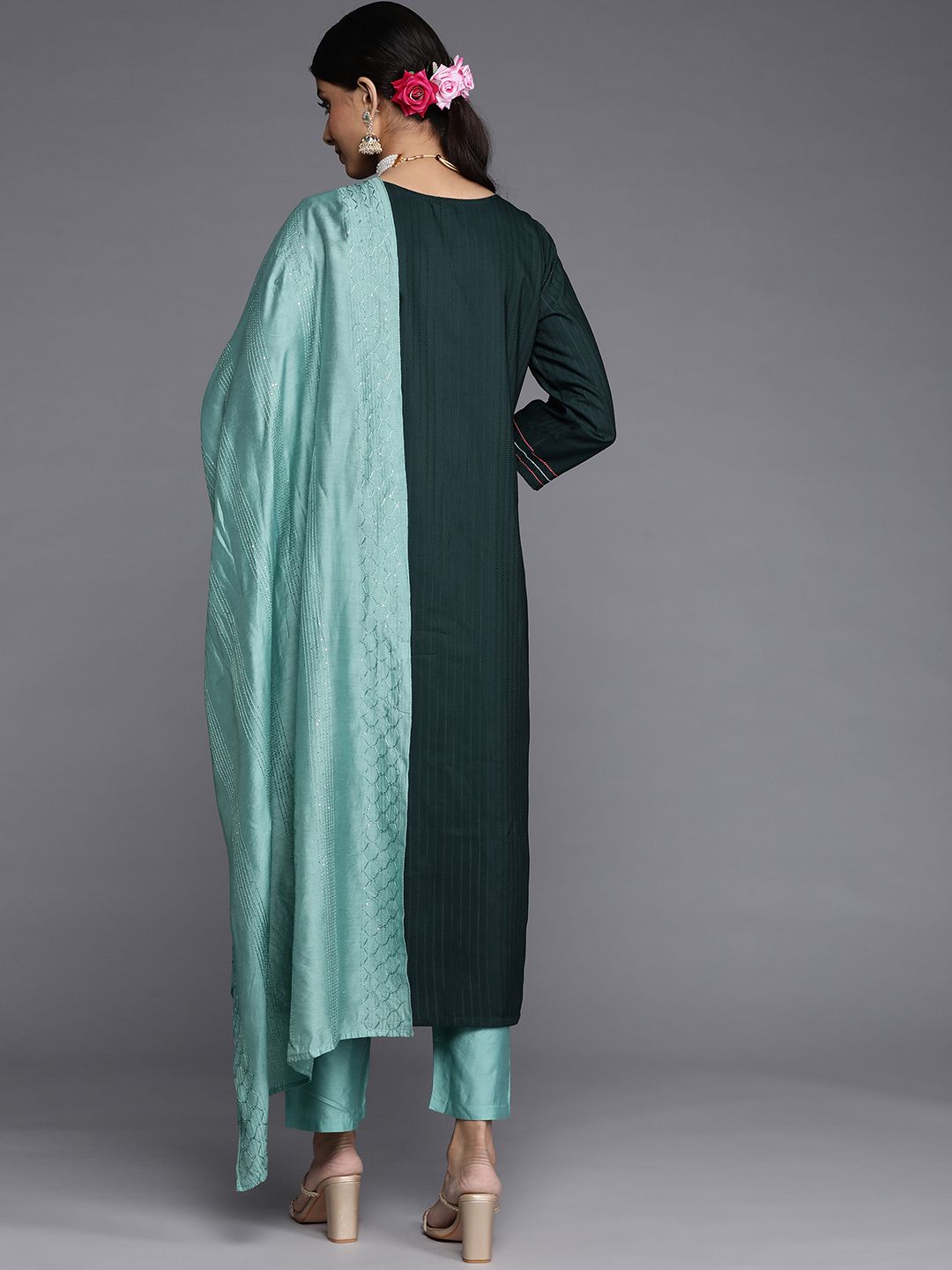 Dhiyona VA Women's Green Yoke Design Thread Work Dupion Silk Kurta with Trousers & Dupatta