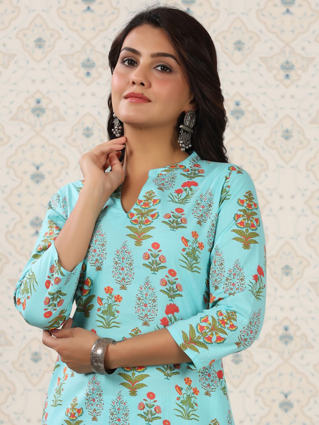 Dhiyona OD Floral Printed Mandarin Collar Pure Cotton Kurta