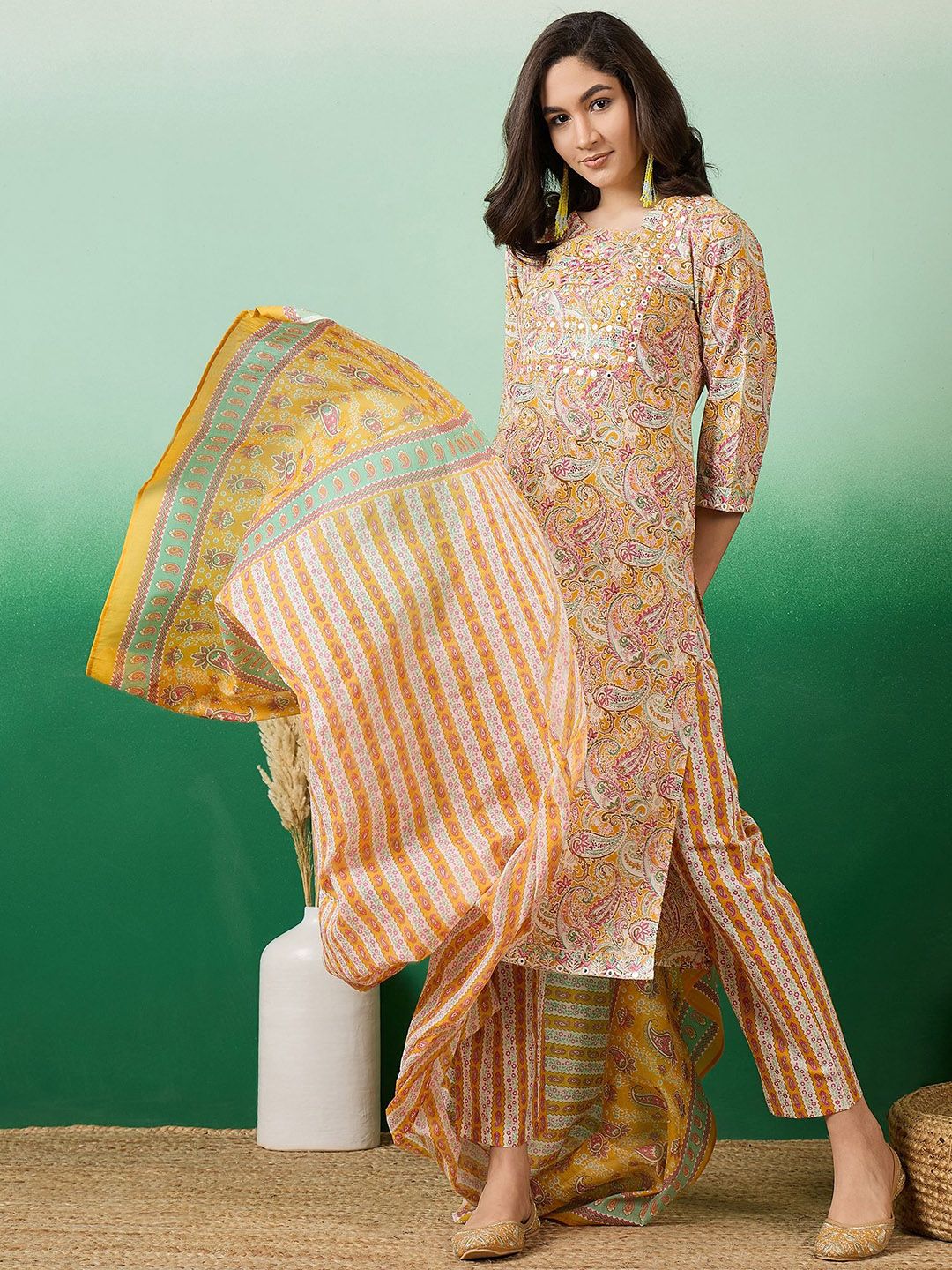 Dhiyona SN Women's Mustard Yellow Printed Pure Cotton Straight Kurta With Trousers & Dupatta