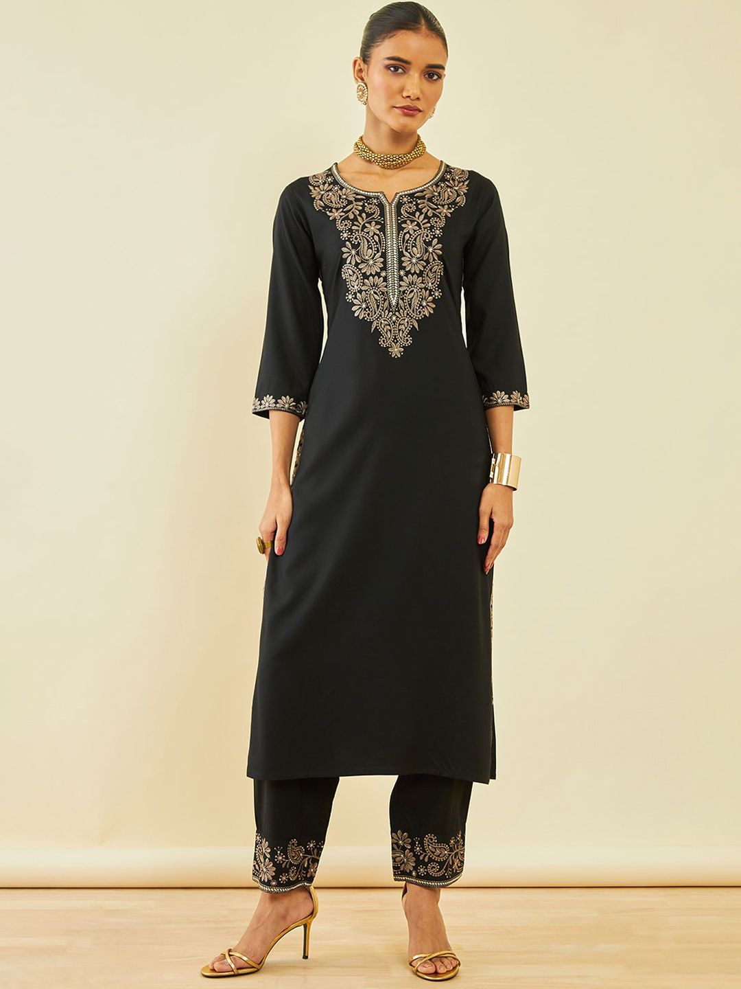 Dhiyona SO Women's Ethnic Motifs Yoke Embroidered Regular Sequinned Kurta with Trousers