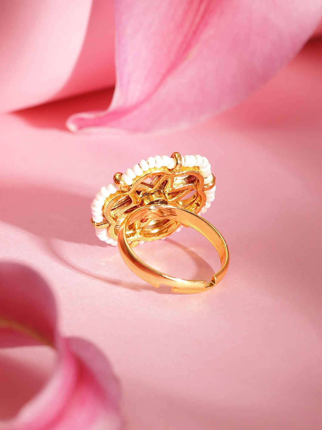 Dhiyona RJ Women's 18K Gold Plated Pink & Green Kundan Studded, Pearls Beaded Adjustable Finger Ring
