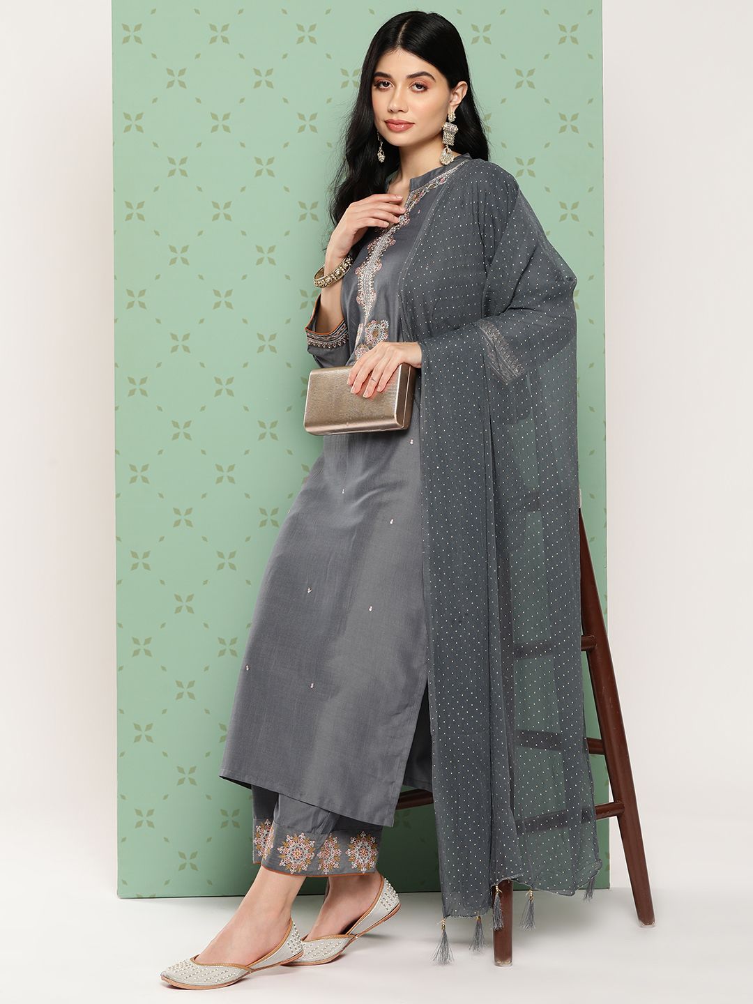 Dhiyona VA Women's Ethnic Motifs Yoke Design Regular Thread Work Kurta with Trousers & Dupatta