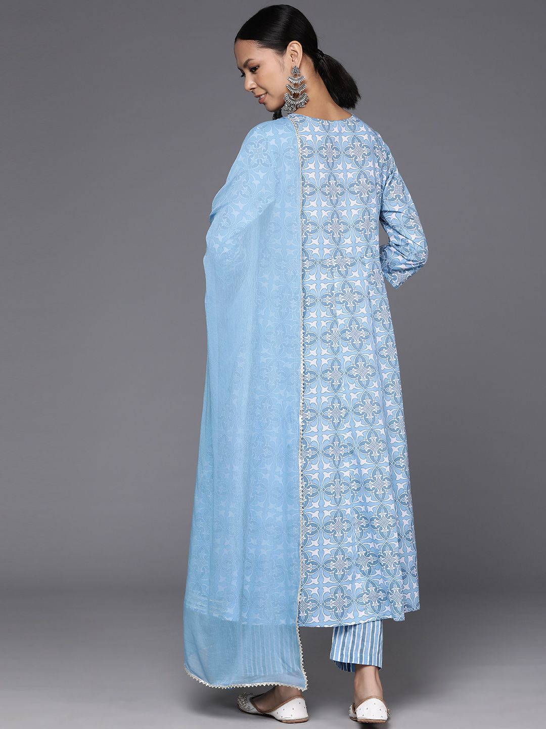 Dhiyona VA Women'sPrinted Empire Mirror Work Pure Cotton Kurta with Trousers & Dupatta