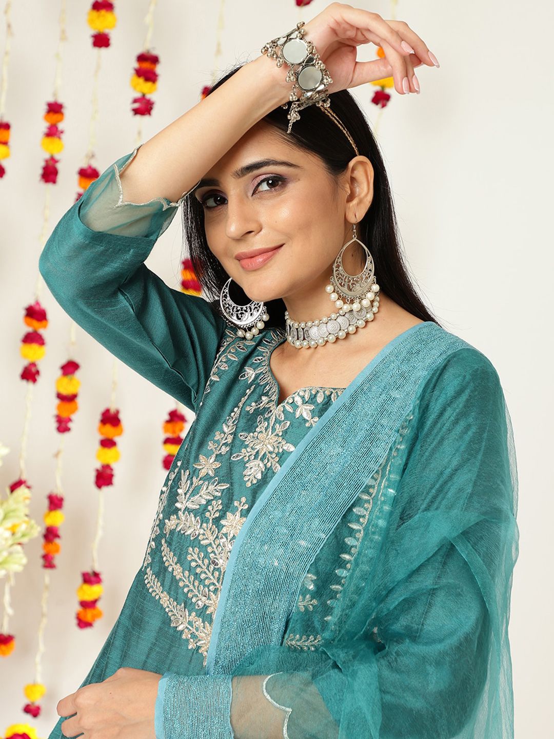 Dhiyona VA Women'sEthnic Motifs Yoke Design A-Line Kurta With Trousers & Dupatta