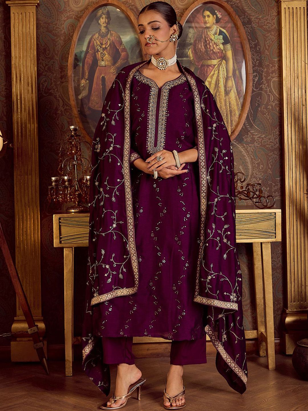 Dhiyona IE Floral Embroidered Zari Kurta with Trousers & Dupatta