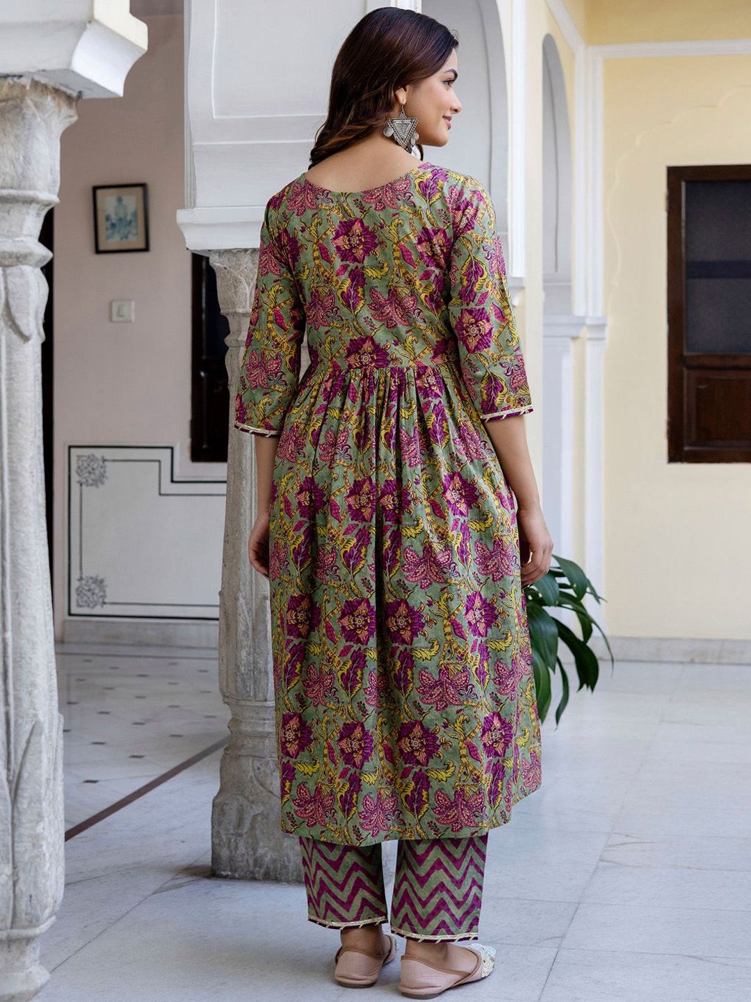 Floral Printed Empire Pure Cotton A-Line Kurta With Trousers & Dupatta
