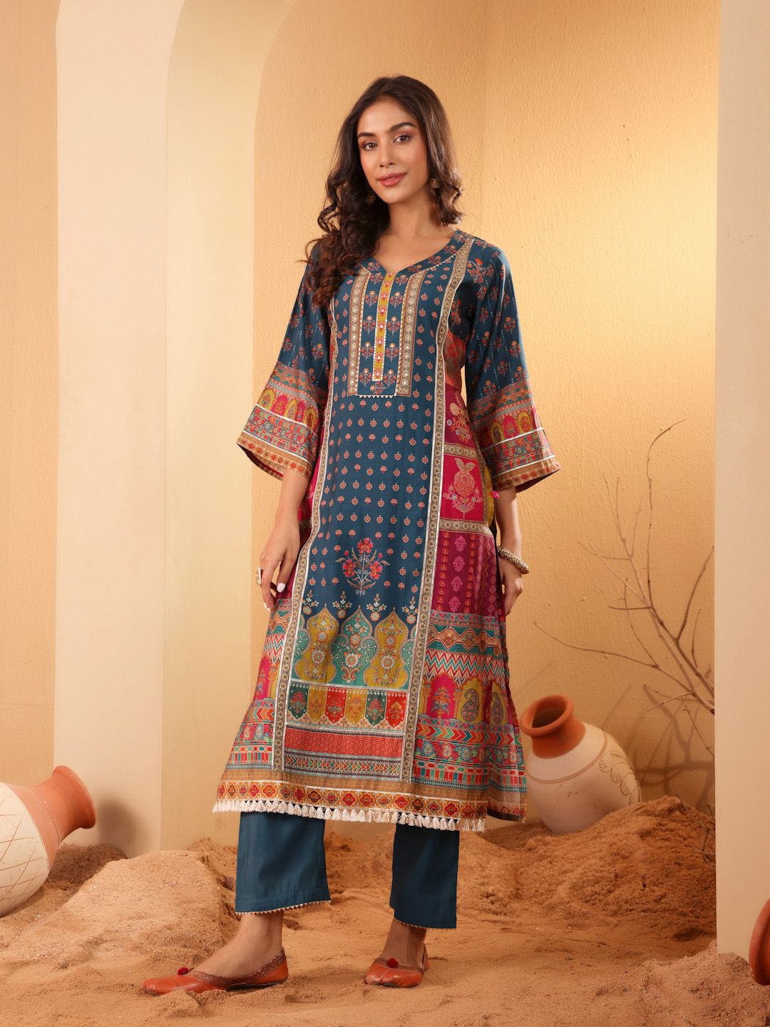 Dhiyona VA Women's Ethnic Motifs Printed Regular Gotta Patti Kurta with Trousers & Dupatta