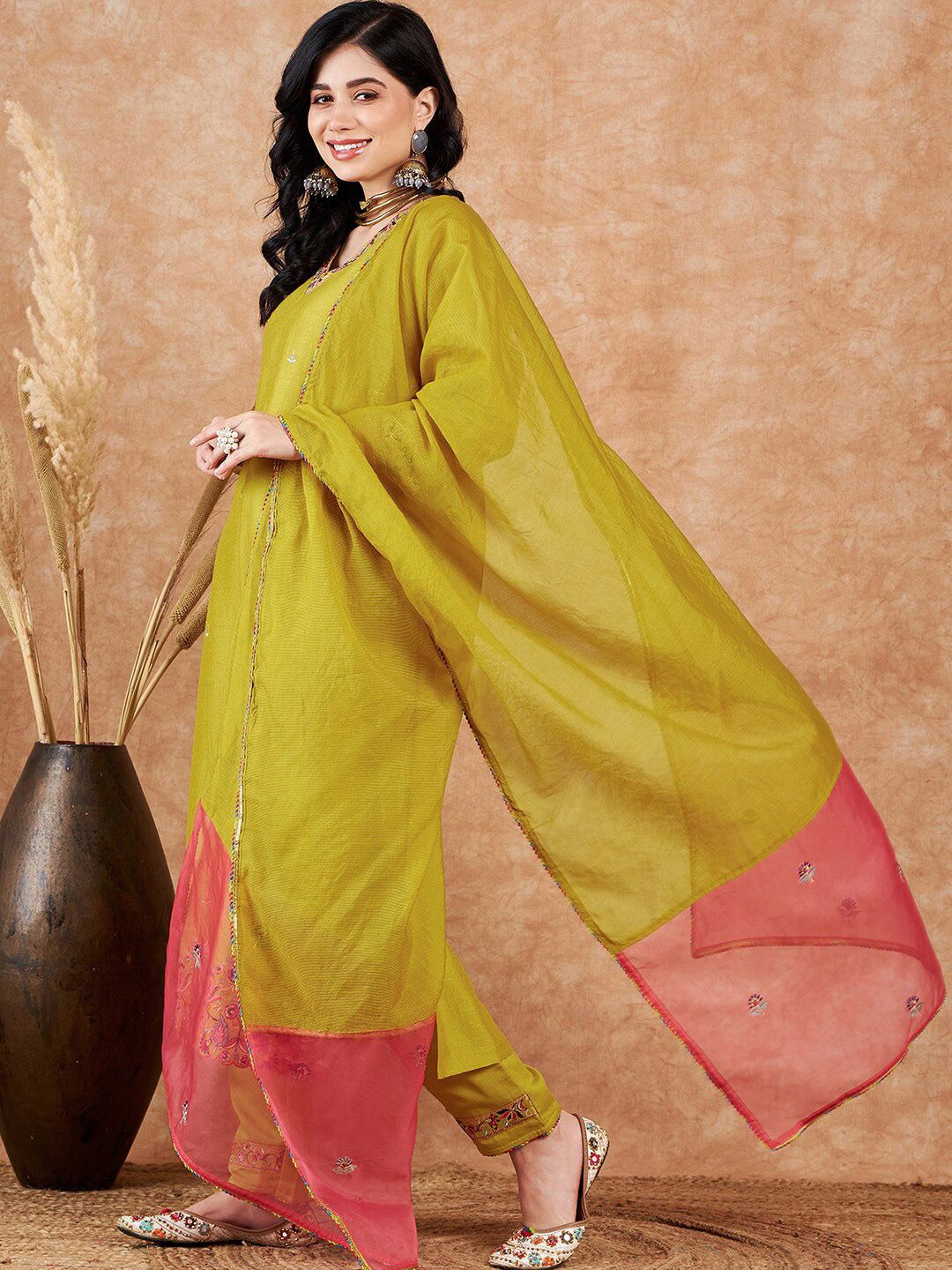 Dhiyona SN Women's Ethnic Motifs Embroidered V-Neck Kurta & Trousers With Dupatta