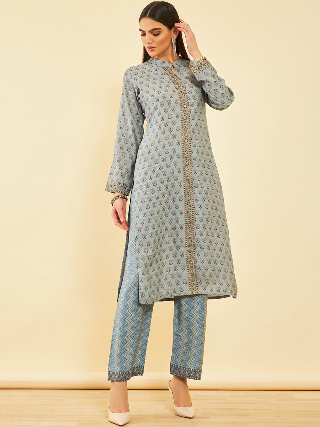 Dhiyona SO Women's Ethnic Motifs Printed Regular Thread Work Kurta with Trousers