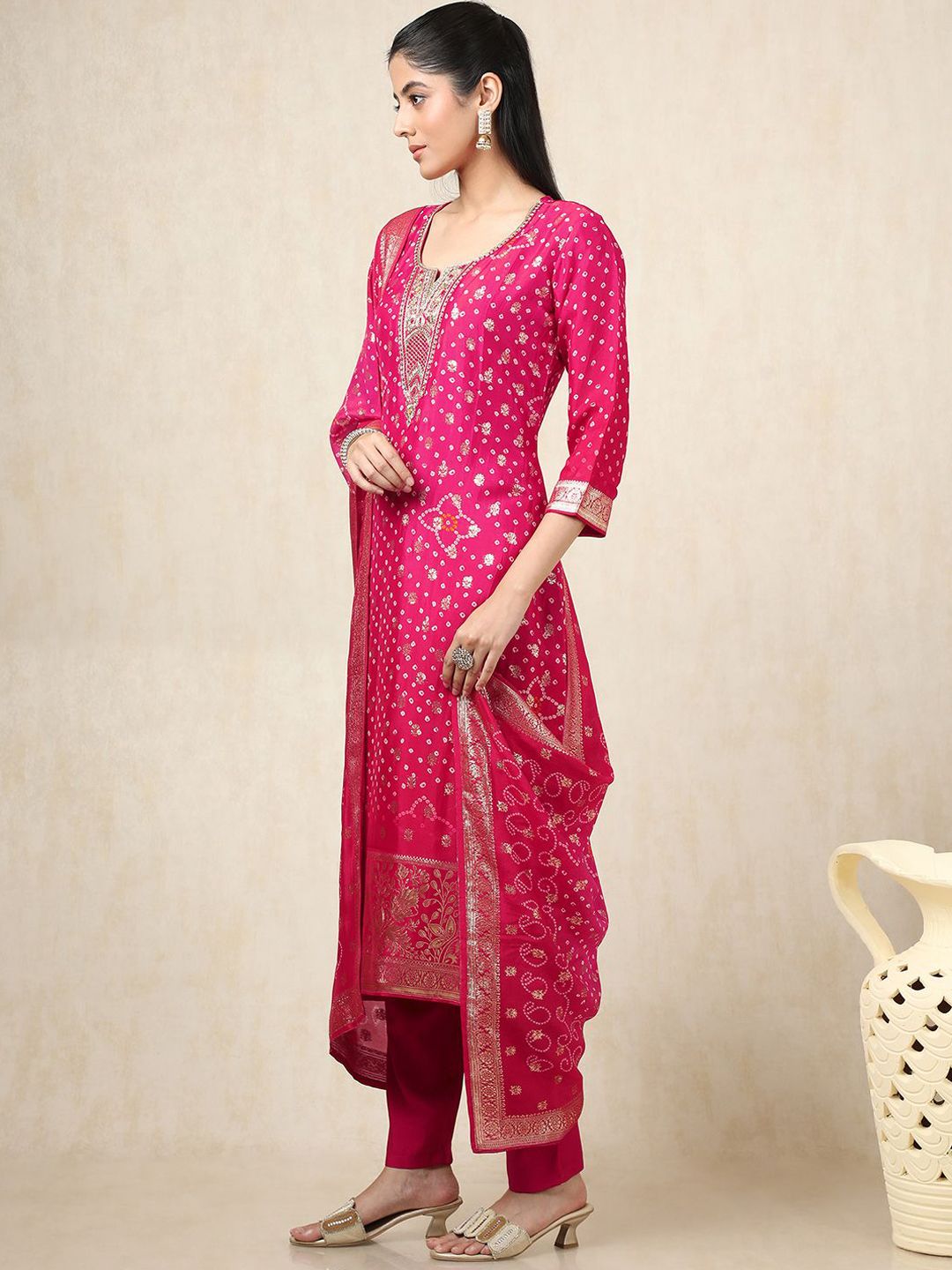 Dhiyona SO Women's Bandhani Printed Notch Neck Organza Sequinned Kurta With Trousers And Dupatta