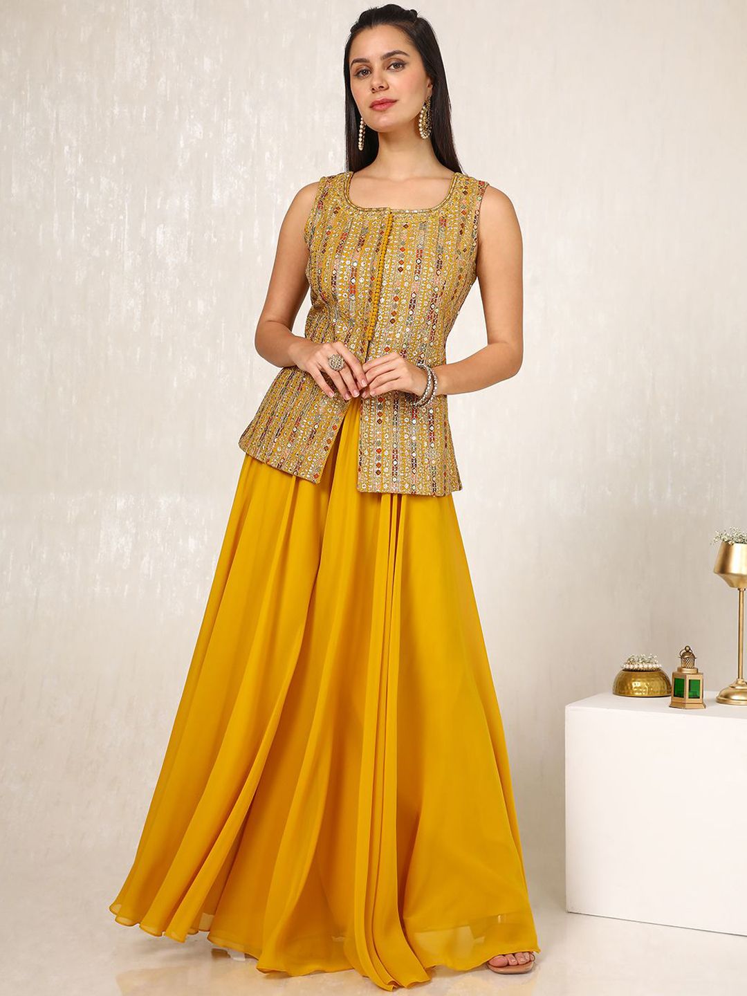 Dhiyona SO Women's Alina Cut Ethnic Motifs Embroidered Sequinned Kurti with Palazzos & With Dupatta