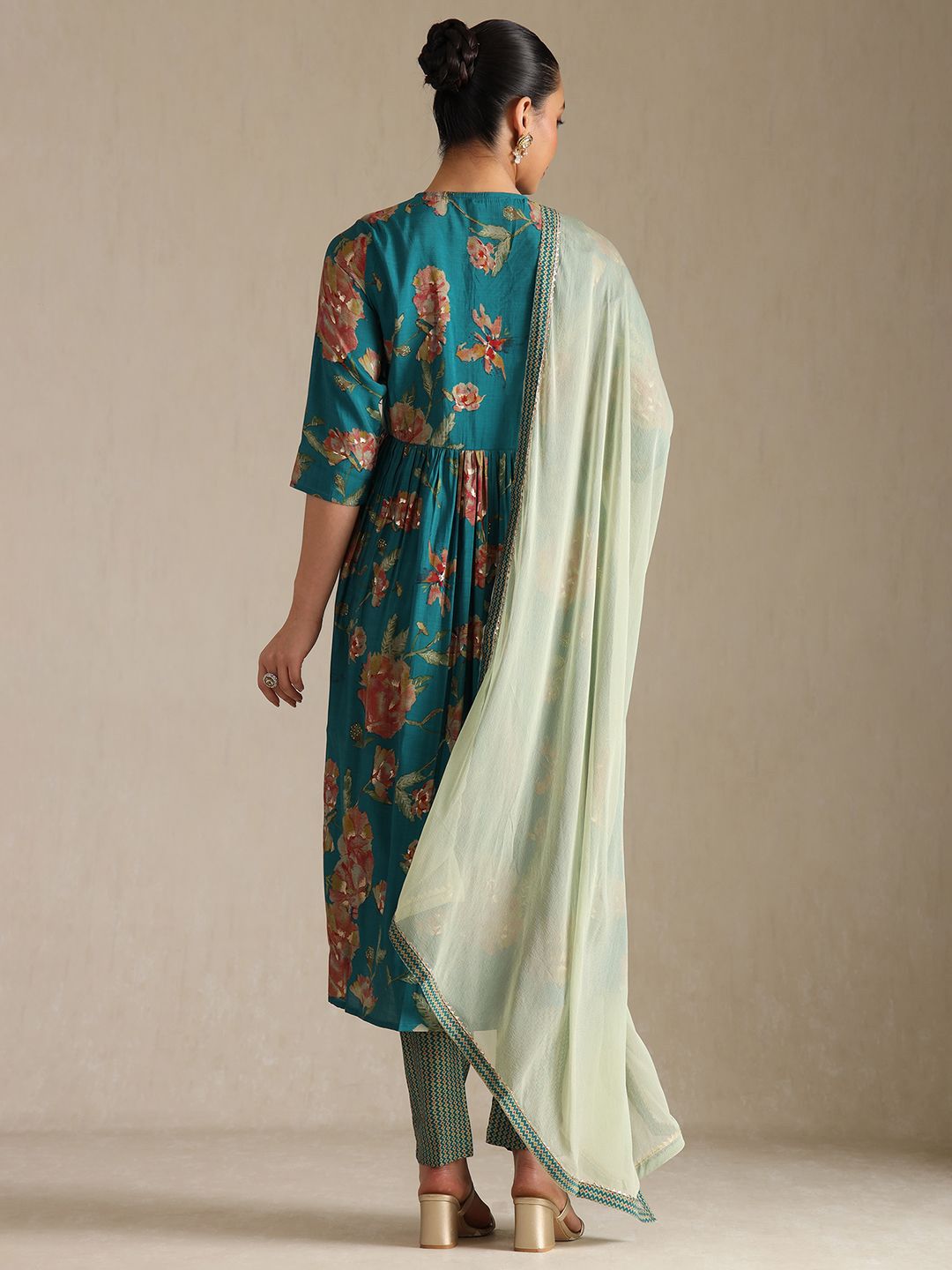 Dhiyona SO Women's Floral Printed V-Neck Sequinned Empire Anarkali Kurta With Trousers & Dupatta