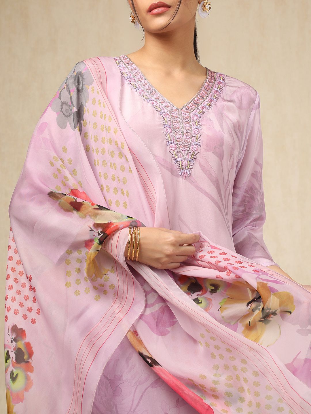 Dhiyona SO Women's Floral Printed V Neck Thread Work Silk Crepe Kurta With Trousers & Dupatta