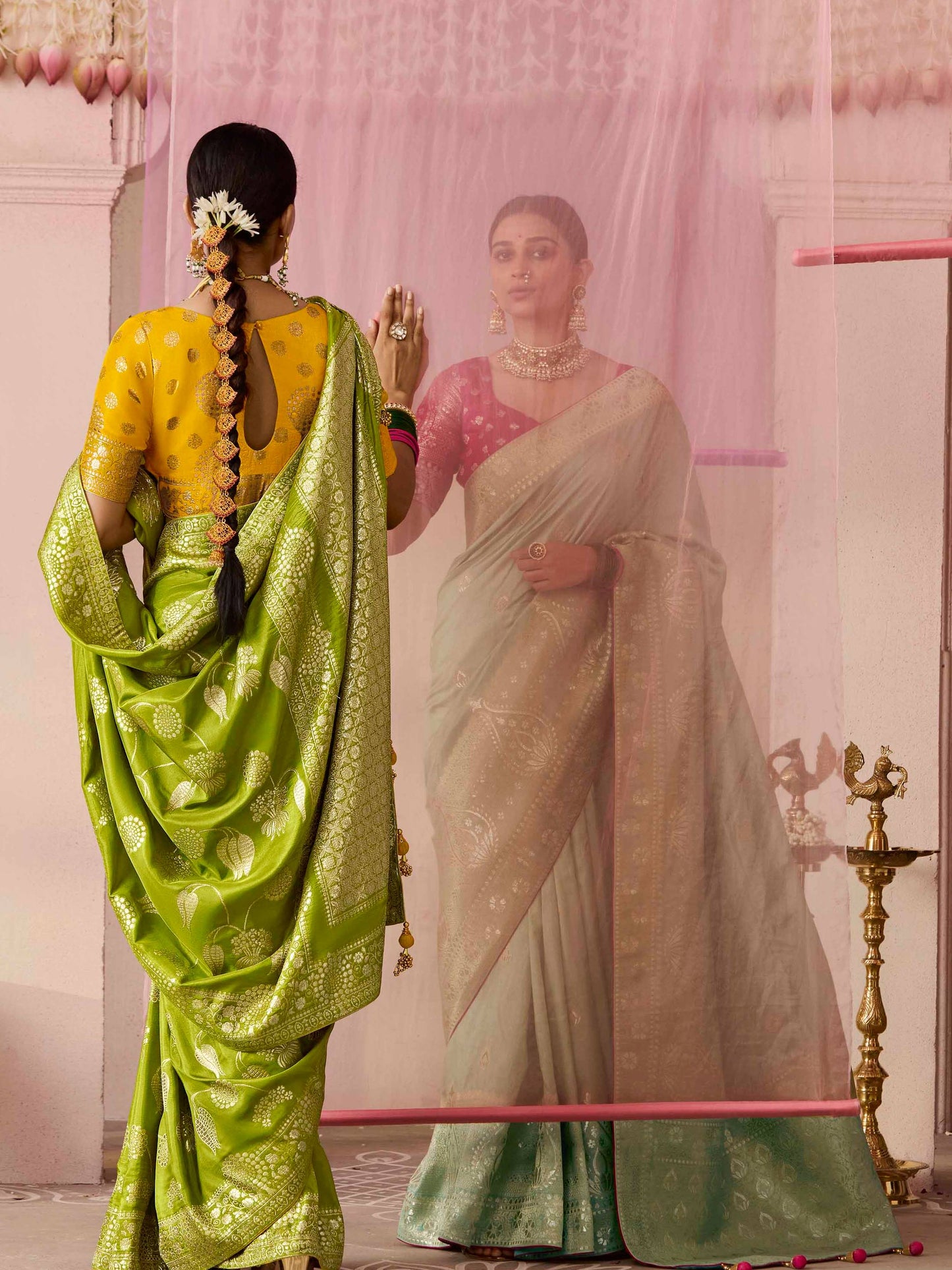 Dhiyona KM Women Mehendi Green Dola Silk Saree With Yellow Golden Embroidered Blouse