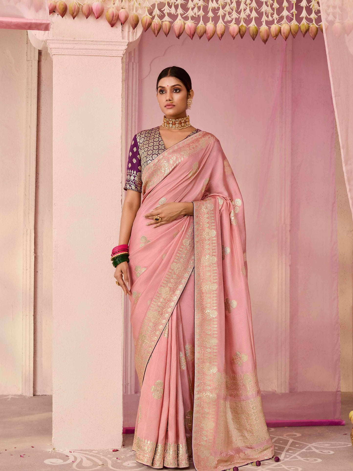 Dhiyona KM Women Peach Dola Silk Saree With Wine Golden Embroidered Blouse
