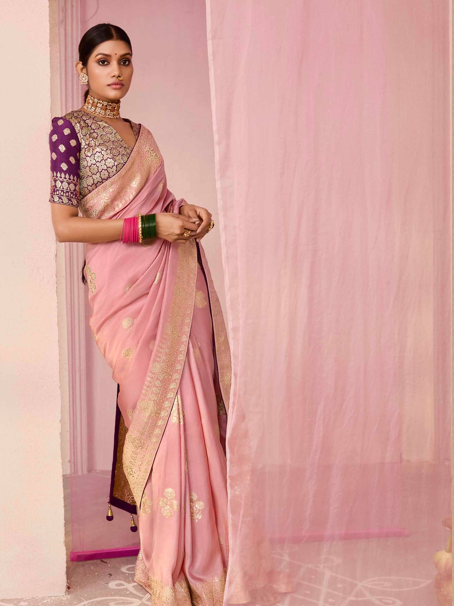 Dhiyona KM Women Peach Dola Silk Saree With Wine Golden Embroidered Blouse