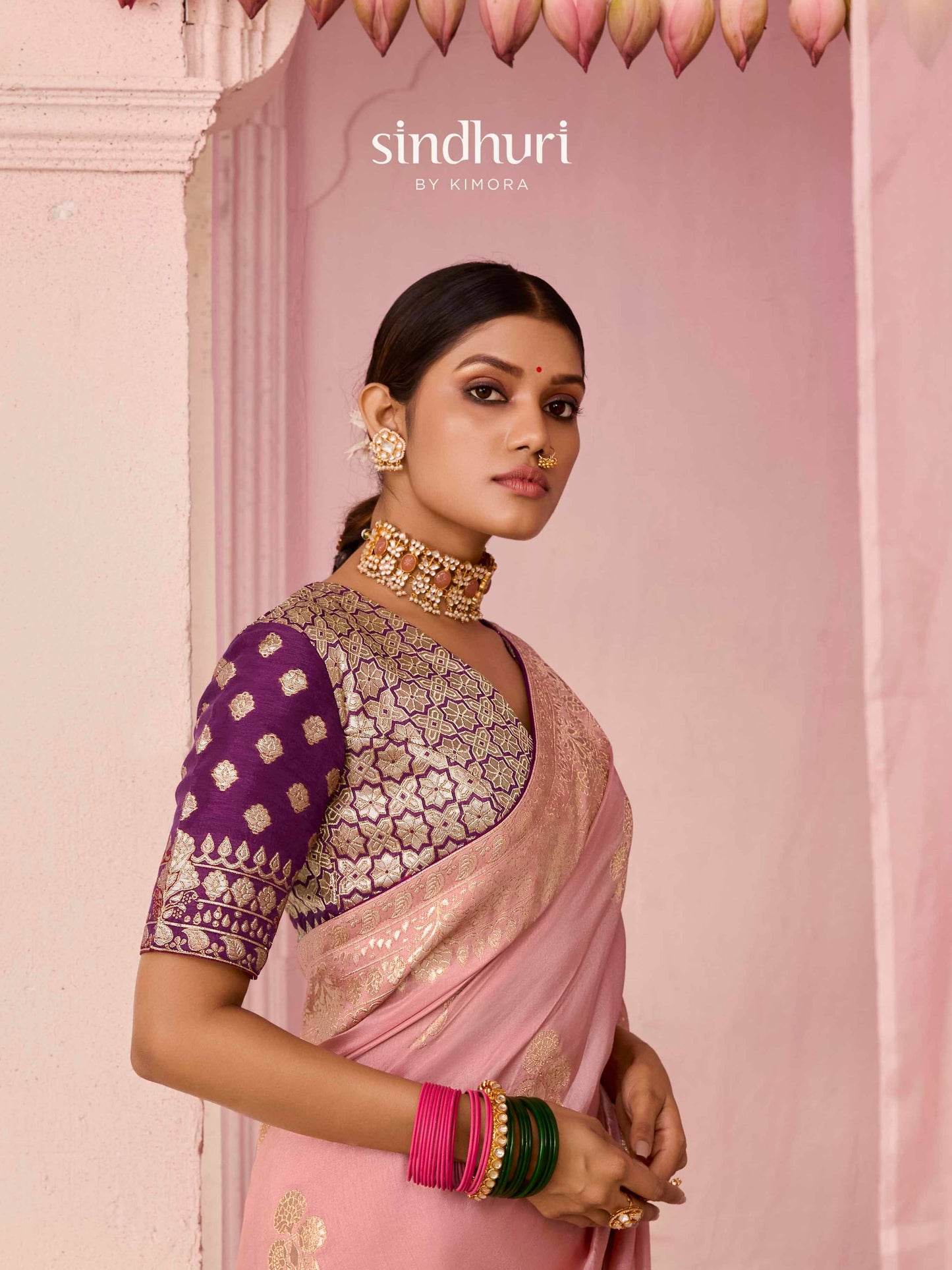 Dhiyona KM Women Peach Dola Silk Saree With Wine Golden Embroidered Blouse