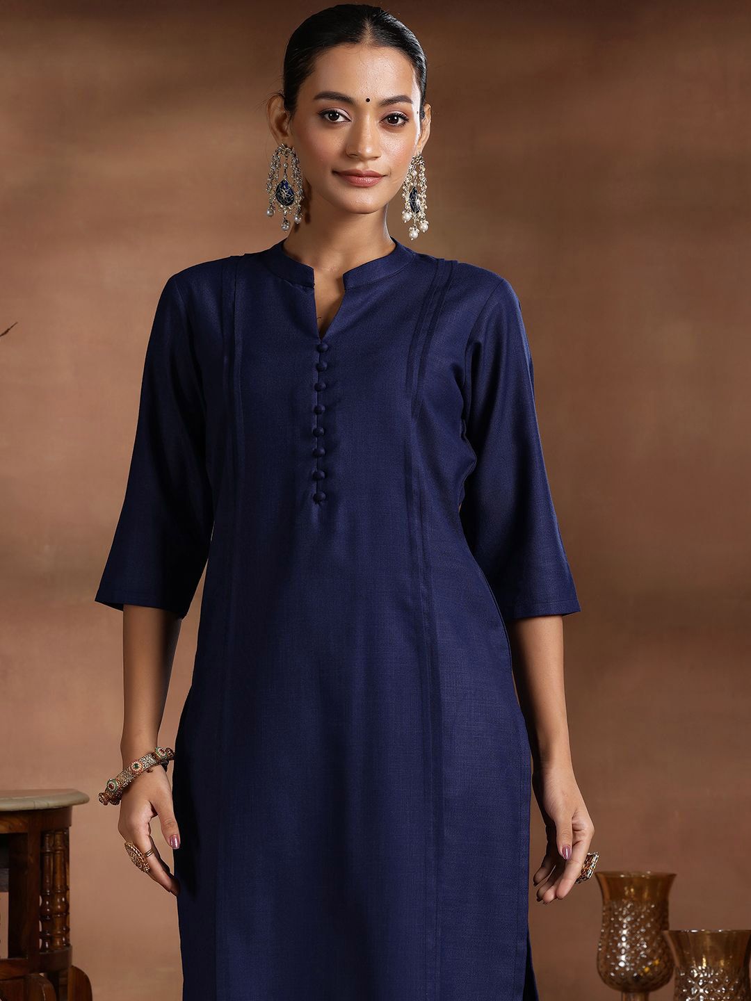 Dhiyona LB Women's Mandarin Collar Pleated Straight Kurta with Trousers & Dupatta