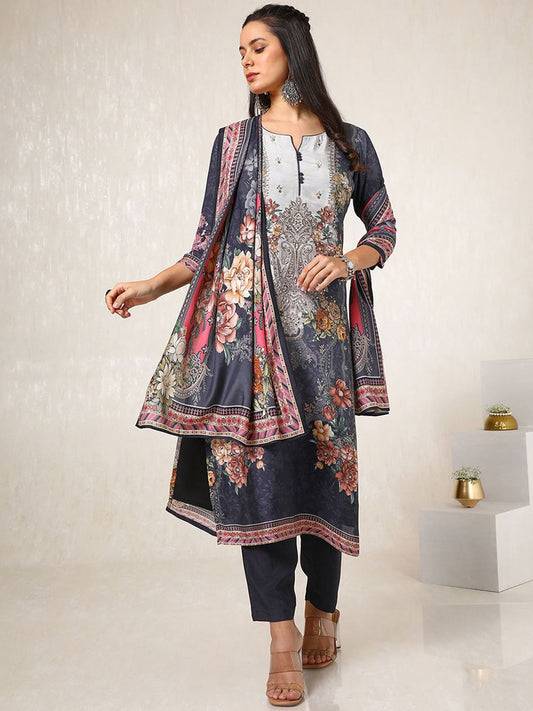Dhiyona SO Women's Floral Printed Straight Kurta with Trousers & Dupatta