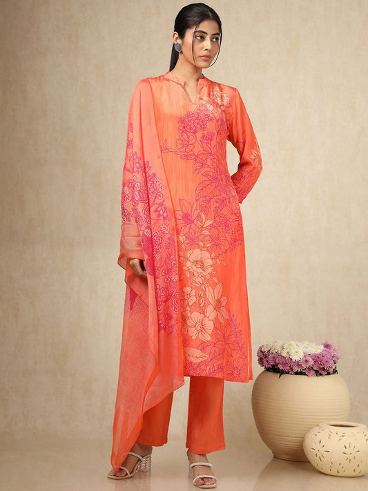 Dhiyona SO Women's Floral Printed Mandarin Collar Beads Work Straight Kurta With Trouser & Dupatta