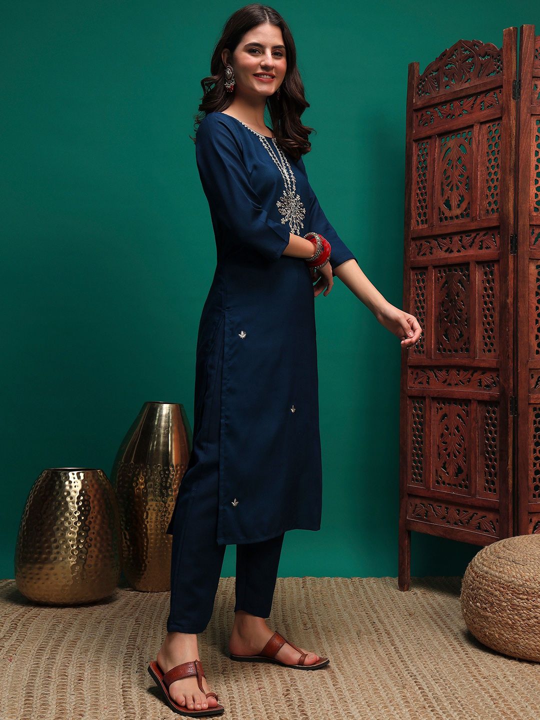 Dhiyona SN Women's Sequin Embroidered Straight Kurta & Trousers With Dupatta