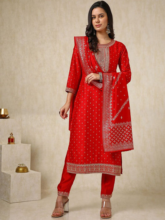 Dhiyona SO Women's Red Floral Printed Round Neck Regular Thread Work Kurta With Trouser With Dupatta