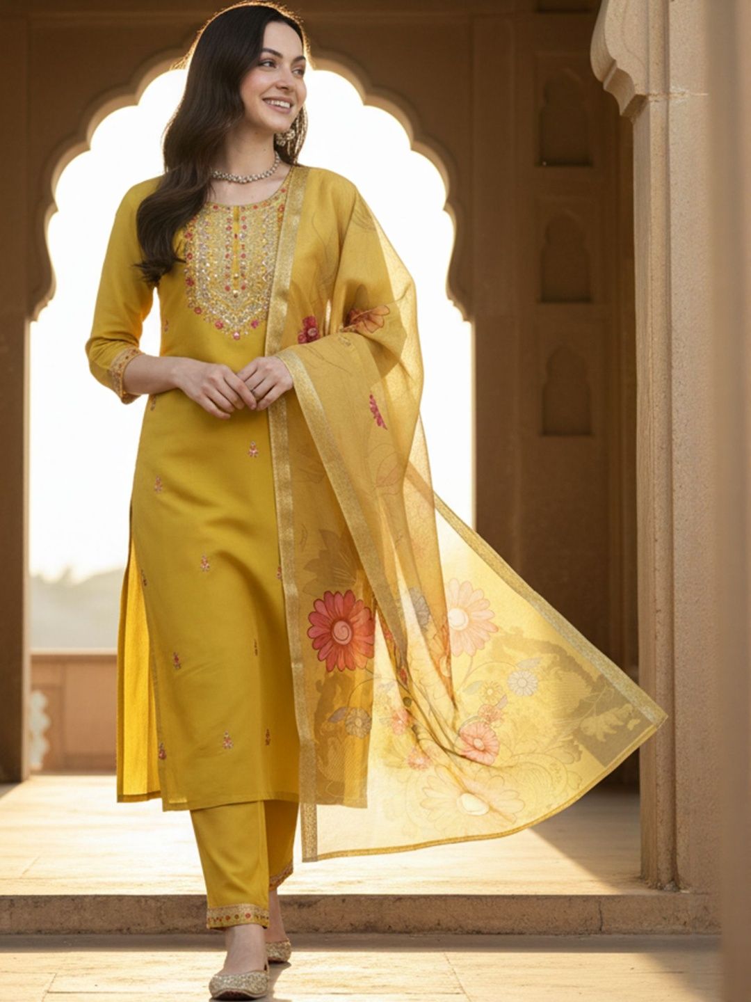 Floral Embroidered Thread Work Straight Kurta With Trousers & Dupatta