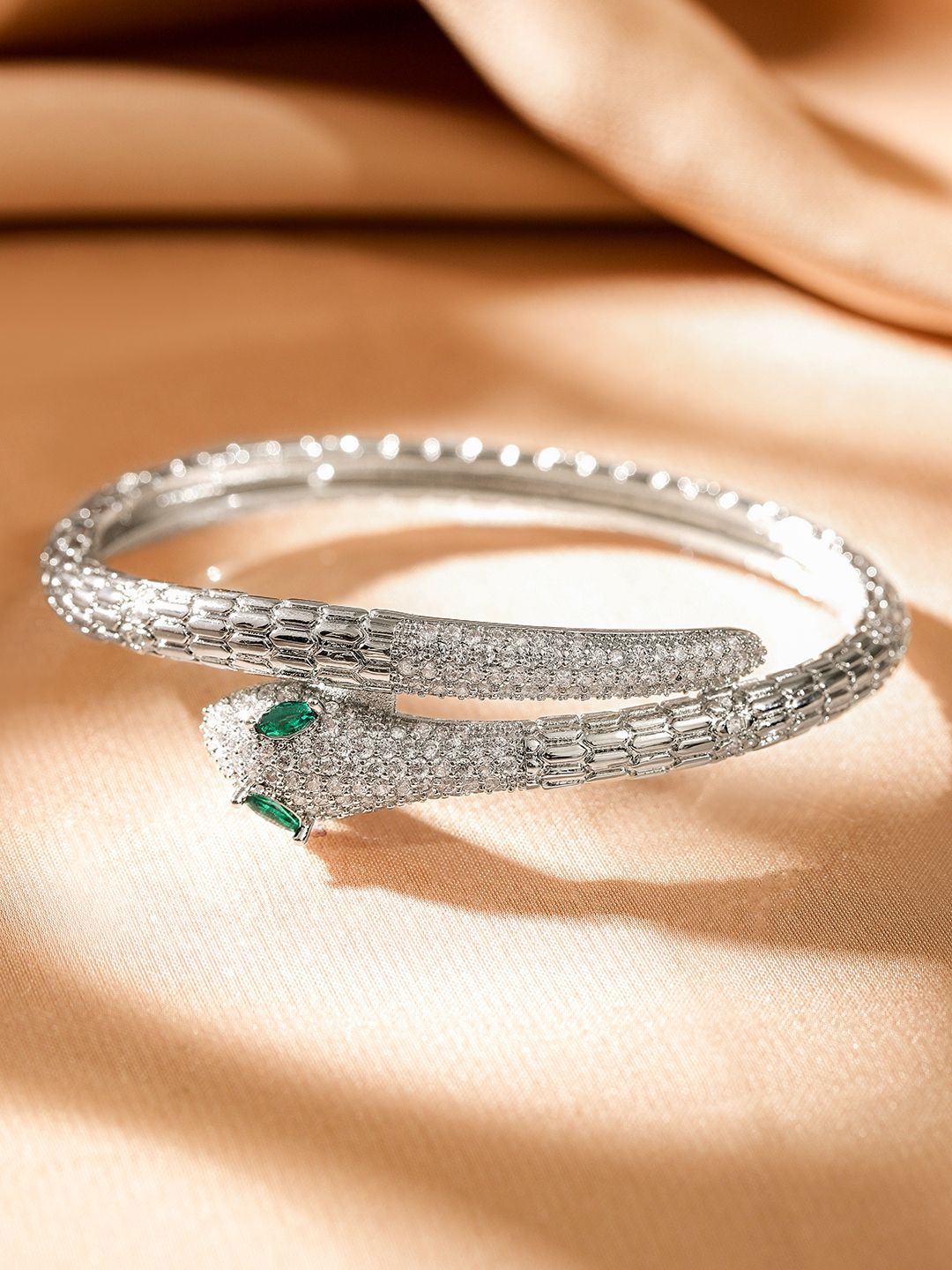 Dhiyona RJ Women's Rhodium-Plated Cubic Zirconia Snake-Inspired Openable Bracelet with Emerald Accents