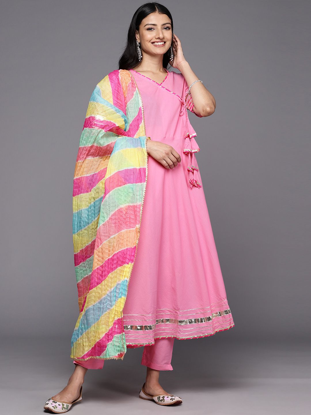 Dhiyona VA Women'sAngrakha Gotta Patti Pure Cotton Kurta With Trousers & With Dupatta