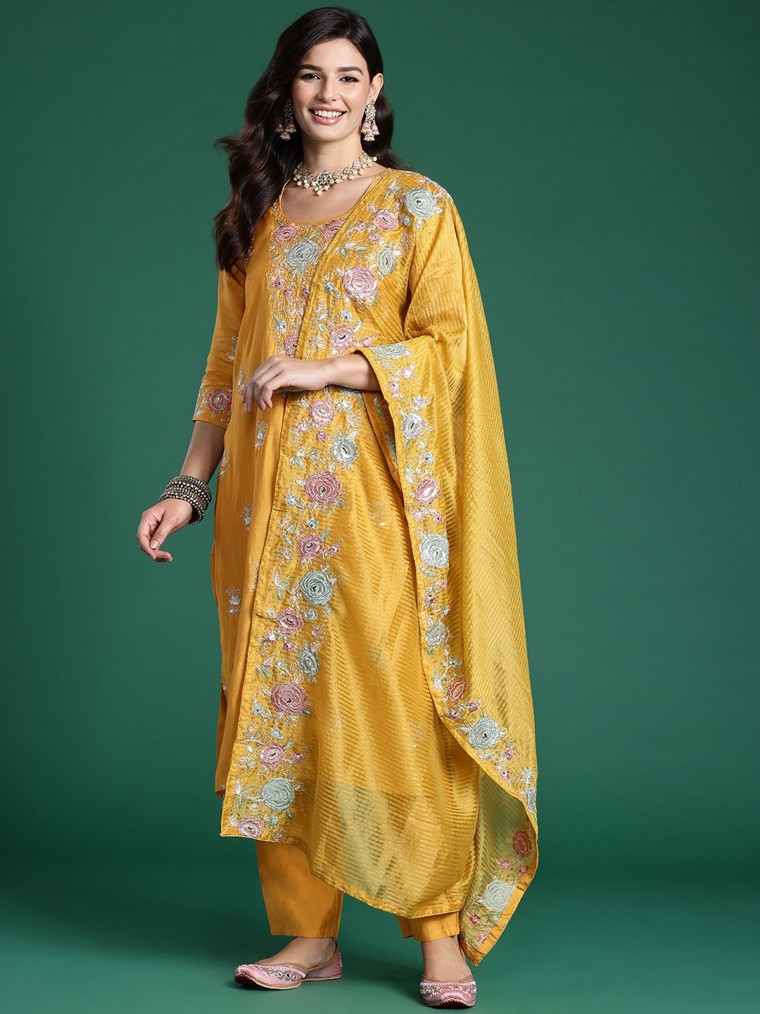 Dhiyona IE Floral Embroidered Sequinned Kurta With Trousers & Dupatta