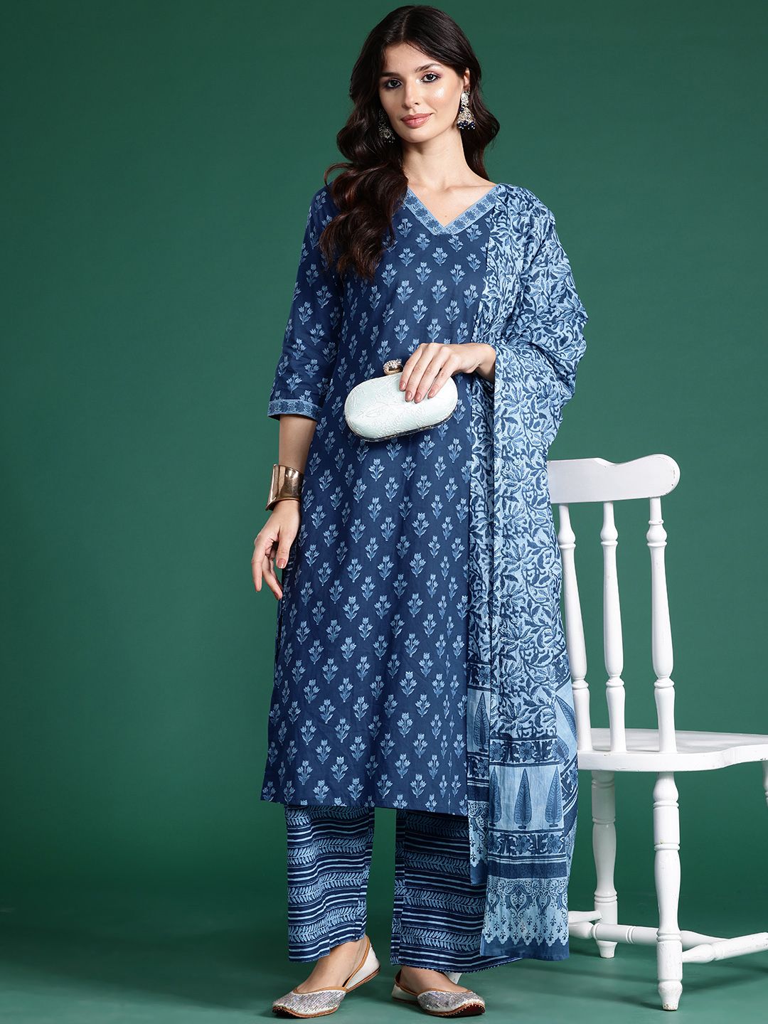 Floral Printed Pure Cotton Kurta With Palazzos & Dupatta