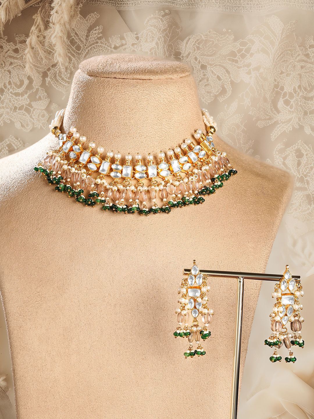 Dhiyona RJ Women's 24K Gold-Plated Pachi Kundan Choker Set with Light Gold Beads & Green Accents