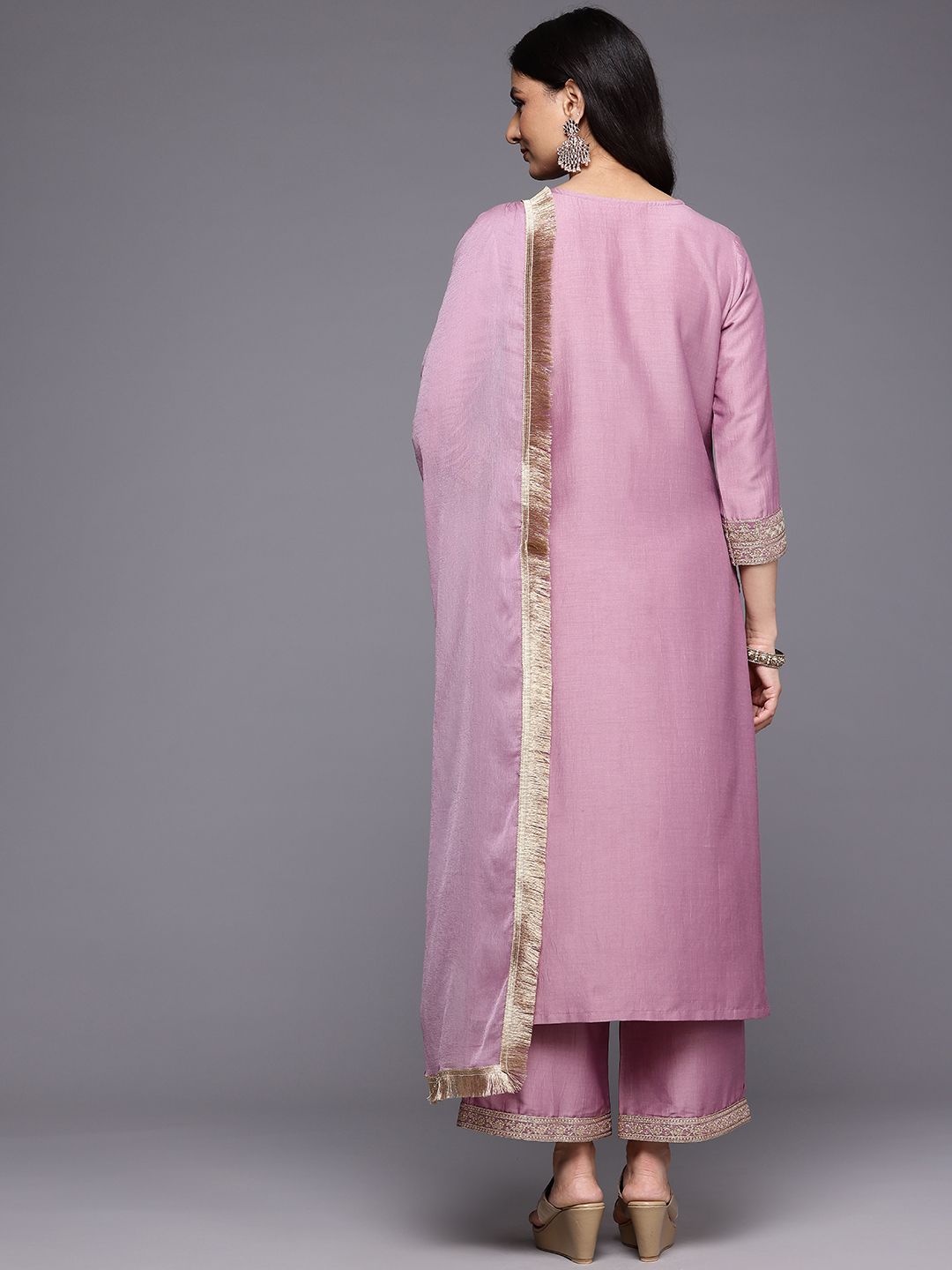 Dhiyona VA Women'sEmbroidered Zari Kurta With Palazzos & Dupatta