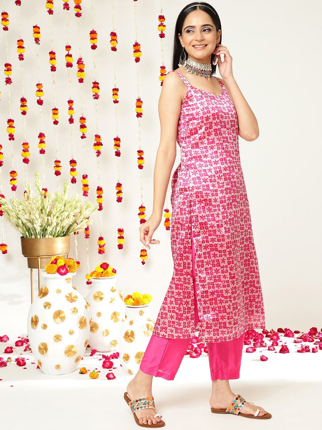 Dhiyona VA Women's Batik Abstract Print Shoulder Straps Straight Kurta With Trousers & Dupatta